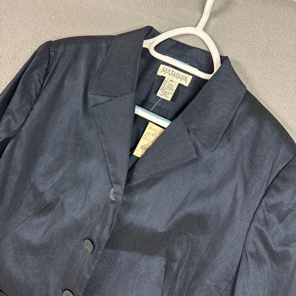 Ann Taylor Blazer Jacket Womens 8P Navy Blue Linen Blend Professional Work NWT